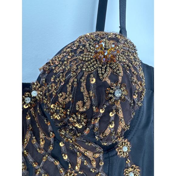 Beaded sequin 3D floral Crop bustier bra top gold black removable straps large - Picture 7 of 16